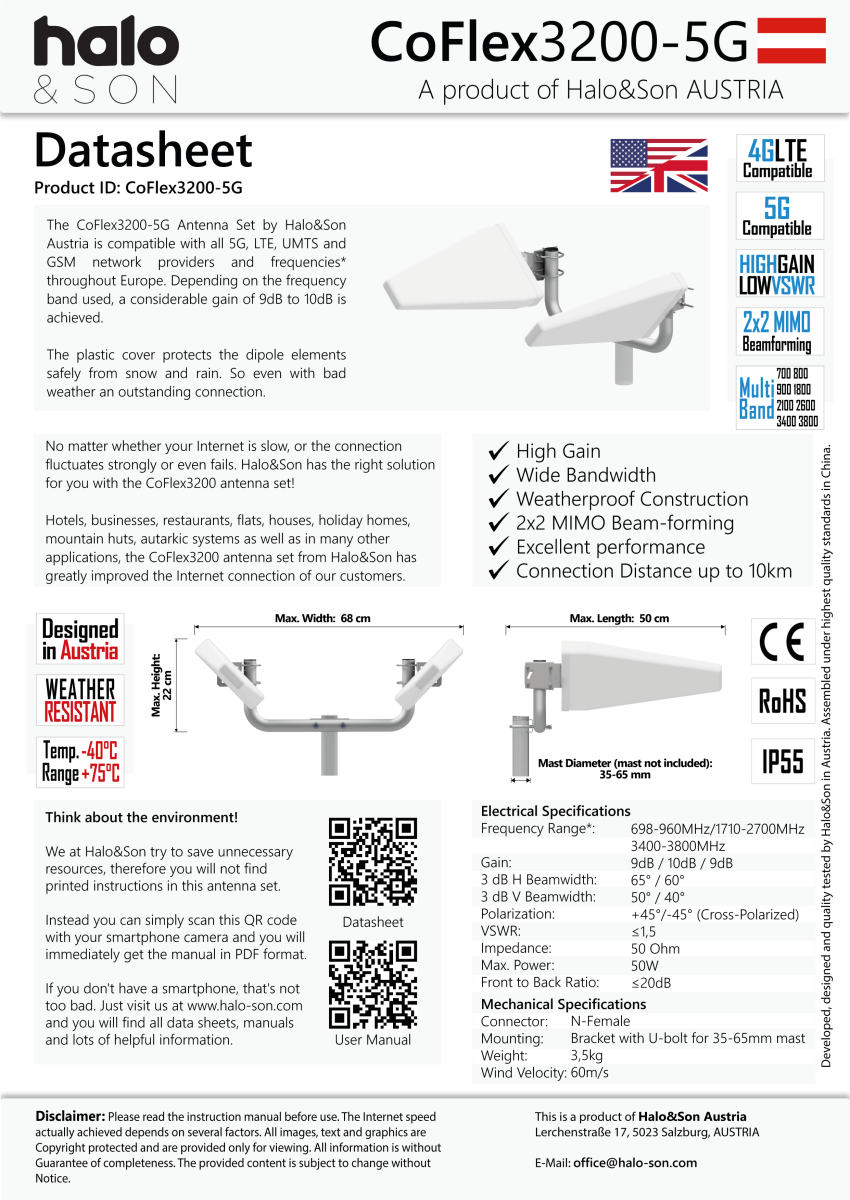 CoFlex3200-5G MIMO Richtantenne 20dBi - Halo&Son Austria